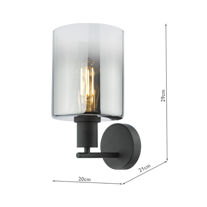 Dar Savannah Black 1 Light Wall Light Complete With Smoke To Clear Cylinder Glass Shade - Switched