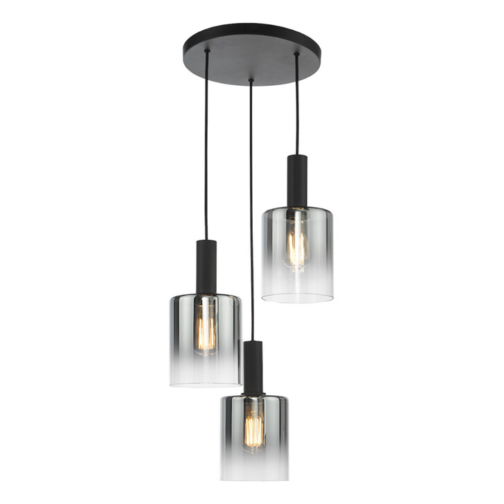 Dar Savannah Black 3 Light Cluster Pendant Light Complete With Smoke To Clear Cylinder Glass Shades