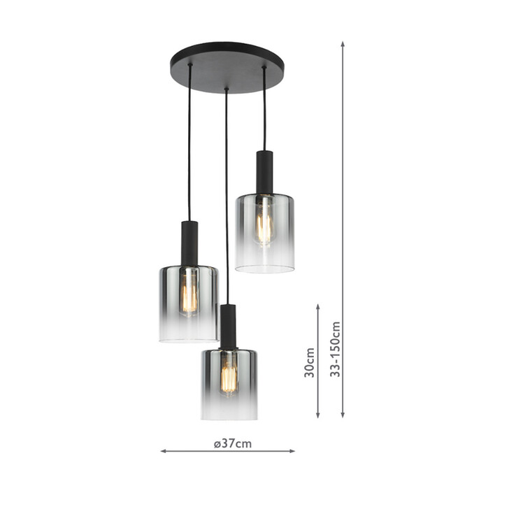 Dar Savannah Black 3 Light Cluster Pendant Light Complete With Smoke To Clear Cylinder Glass Shades