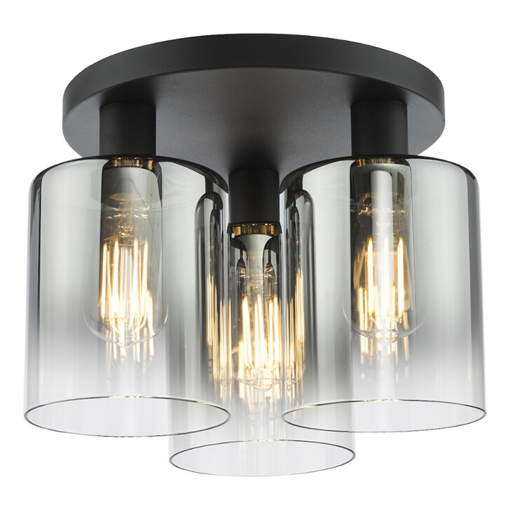 Dar Savannah Black 3 Light Flush Ceiling Light Complete With Smoke To Clear Cylinder Glass Shades