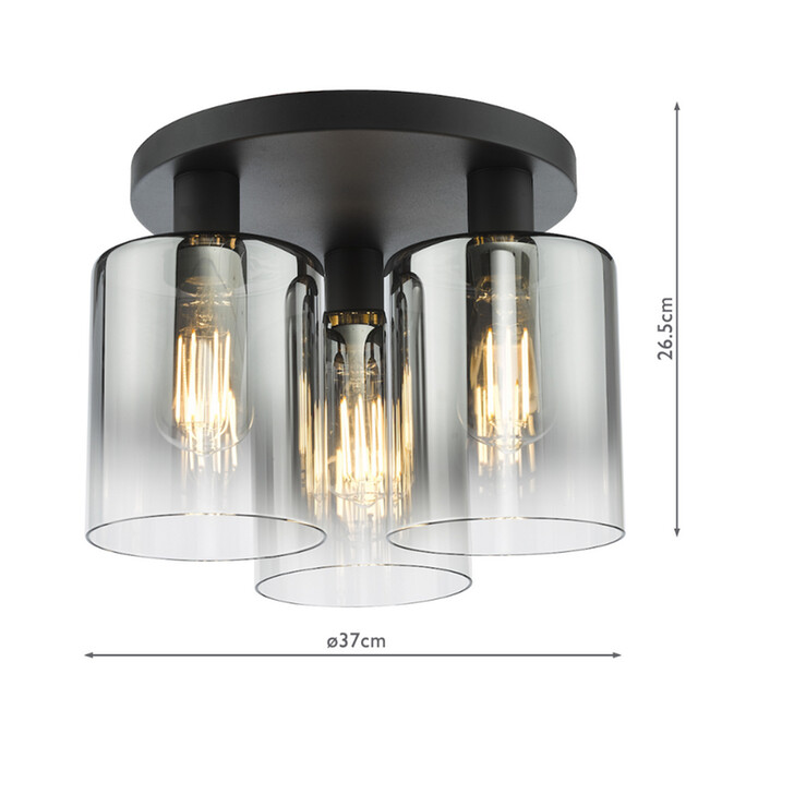 Dar Savannah Black 3 Light Flush Ceiling Light Complete With Smoke To Clear Cylinder Glass Shades
