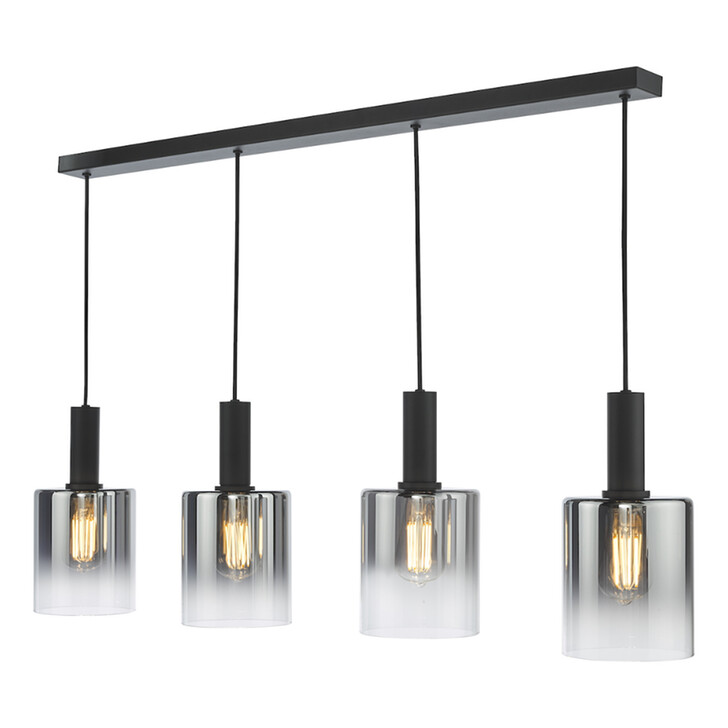 Dar Savannah Black 4 Light Linear Island Pendant Light Complete With Smoke To Clear Cylinder Glass Shades