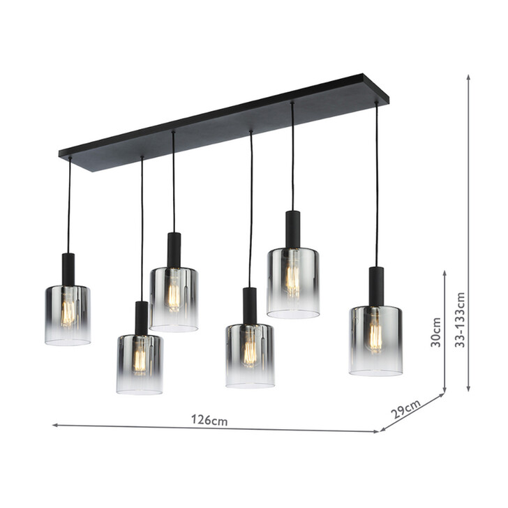 Dar Savannah Black 6 Light Linear Cluster Island Pendant Light Complete With Smoke To Clear Cylinder Glass Shades