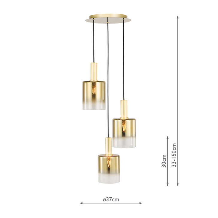 Dar Savannah Gold Finish 3 Light Cluster Pendant Light Complete With Gold To Clear Cylinder Glass Shades