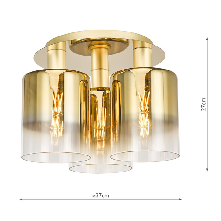 Dar Savannah Gold Finish 3 Light Flush Ceiling Light Complete With Gold To Clear Cylinder Glass Shades