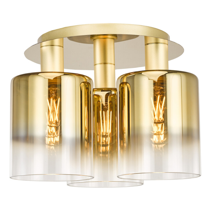 Dar Savannah Gold Finish 3 Light Flush Ceiling Light Complete With Gold To Clear Cylinder Glass Shades