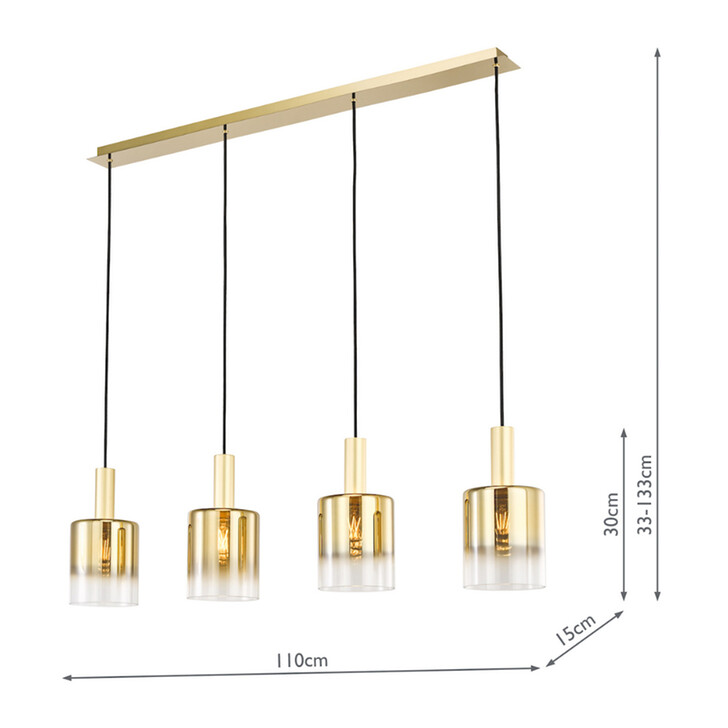 Dar Savannah Gold Finish 4 Light Linear Island Pendant Light Complete With Gold To Clear Cylinder Glass Shades
