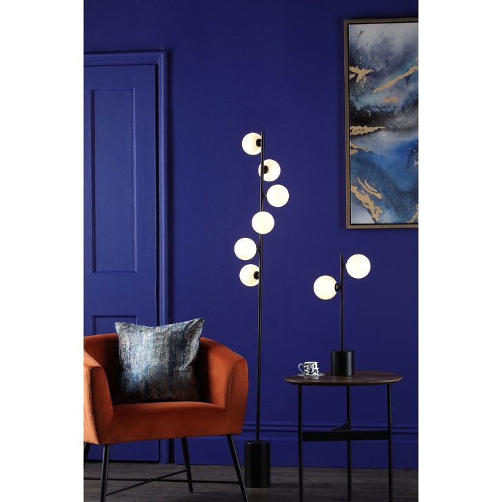 Dar Spiral 6 Light Floor Lamp Matt Black With Opal Glass Globes