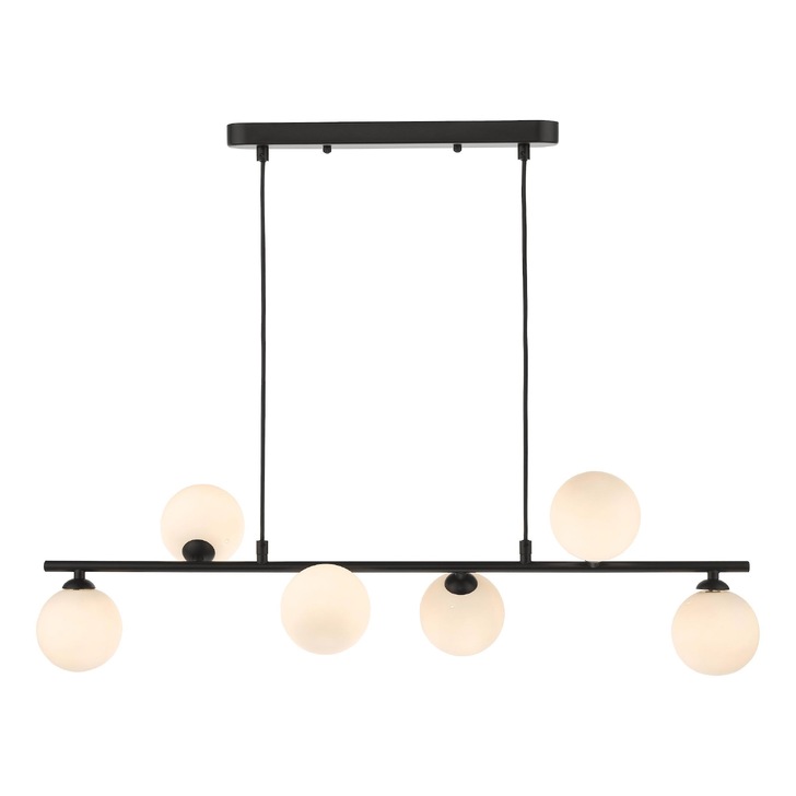 Dar Spiral 6 Light Linear Bar Pendant Matt Black With Opal Glass Globes