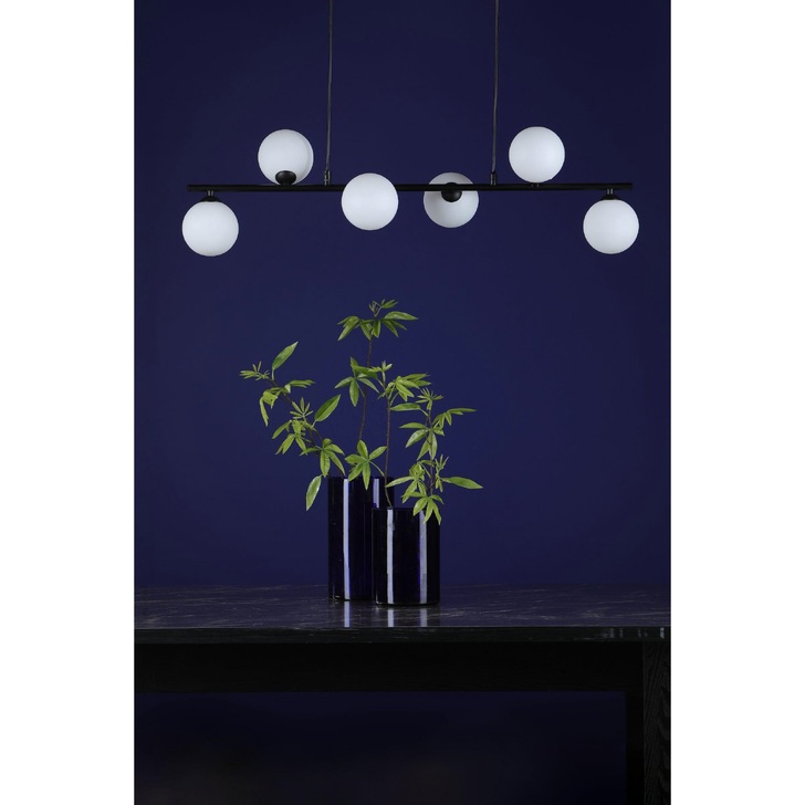 Dar Spiral 6 Light Linear Bar Pendant Matt Black With Opal Glass Globes