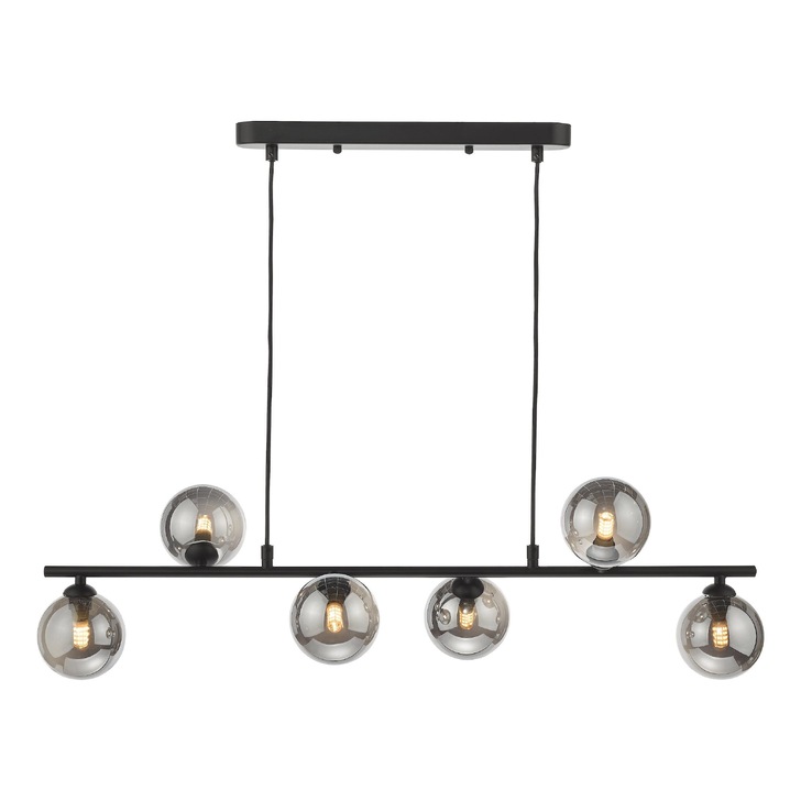 Dar Spiral 6 Light Linear Bar Pendant Matt Black With Smoked Glass Globes