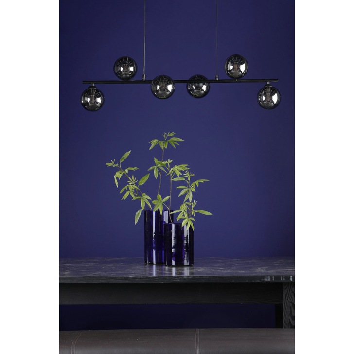 Dar Spiral 6 Light Linear Bar Pendant Matt Black With Smoked Glass Globes