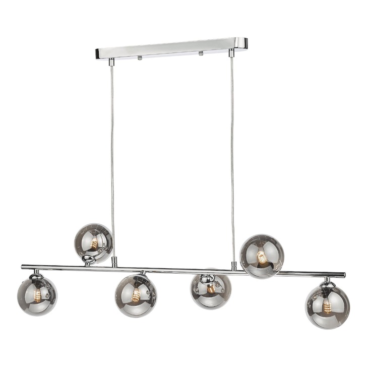 Dar Spiral 6 Light Linear Bar Pendant Polished Chrome With Smoked Glass Globes