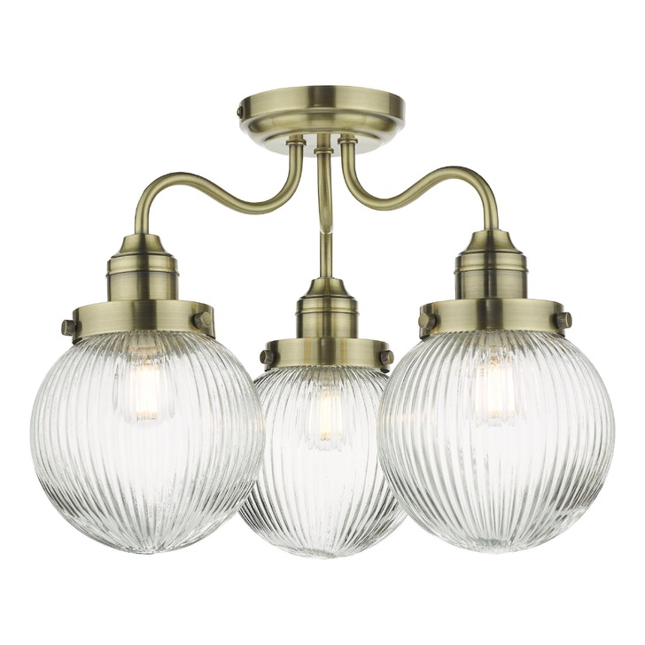 Dar Tamara 3 Light Semi-Flush Bathroom Ceiling Light Antique Brass With Clear Ribbed Glass Shades - IP44