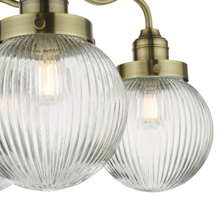 Dar Tamara 3 Light Semi-Flush Bathroom Ceiling Light Antique Brass With Clear Ribbed Glass Shades - IP44