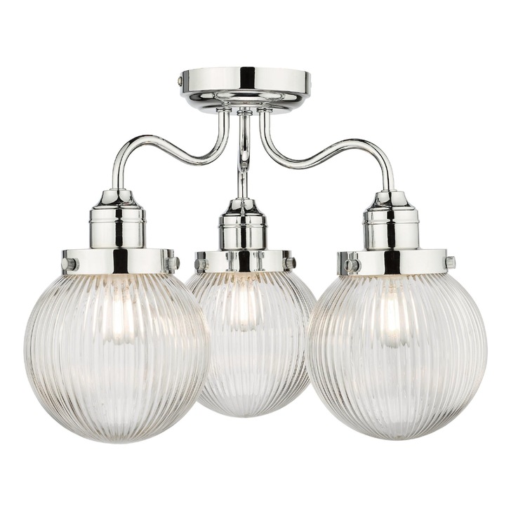 Dar Tamara 3 Light Semi-Flush Bathroom Ceiling Light Polished Chrome With Clear Ribbed Glass Shades - IP44