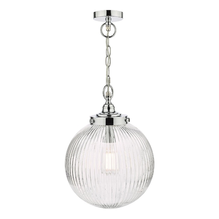 Dar Tamara Single Bathroom Pendant Light Polished Chrome With Clear Ribbed Glass Shade - IP44