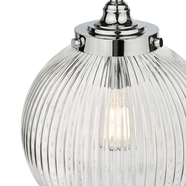 Dar Tamara Single Bathroom Pendant Light Polished Chrome With Clear Ribbed Glass Shade - IP44