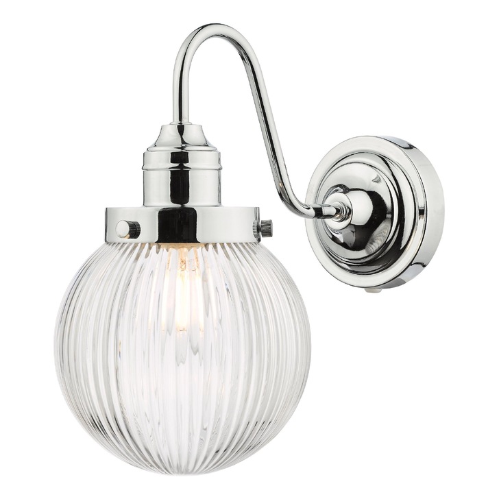 Dar Tamara Single Bathroom Wall Light Polished Chrome With Clear Ribbed Glass Shade - IP44