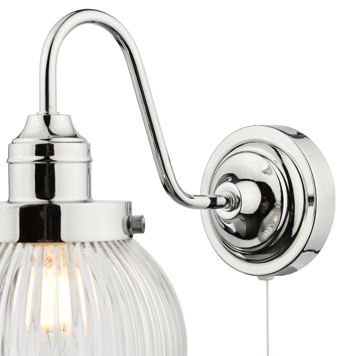 Dar Tamara Single Bathroom Wall Light Polished Chrome With Clear Ribbed Glass Shade - IP44