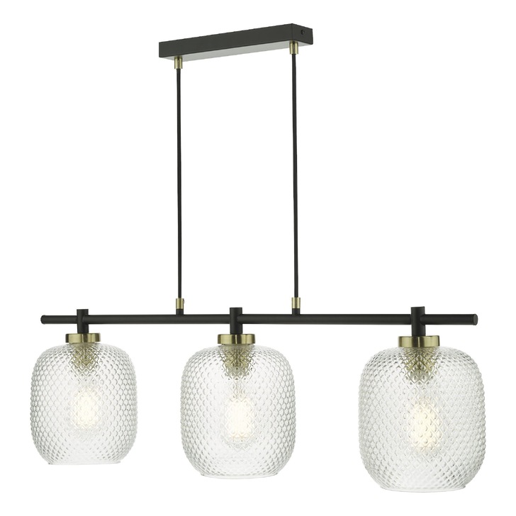 Dar Tehya 3 Light Linear Bar Pendant Matt Black With Antique Brass Detailing & Clear Textured Glass Shades