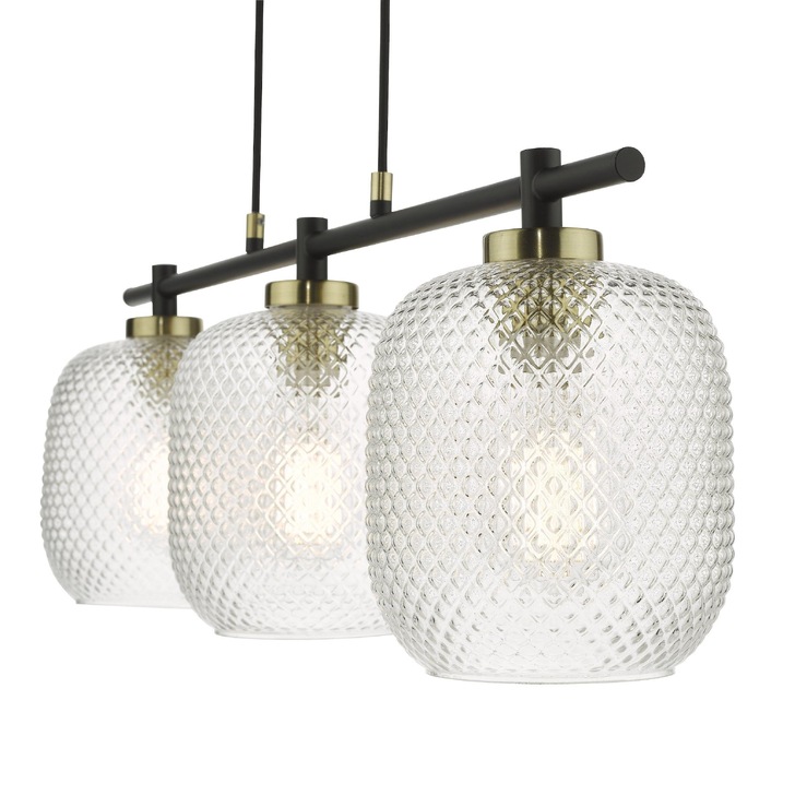 Dar Tehya 3 Light Linear Bar Pendant Matt Black With Antique Brass Detailing & Clear Textured Glass Shades