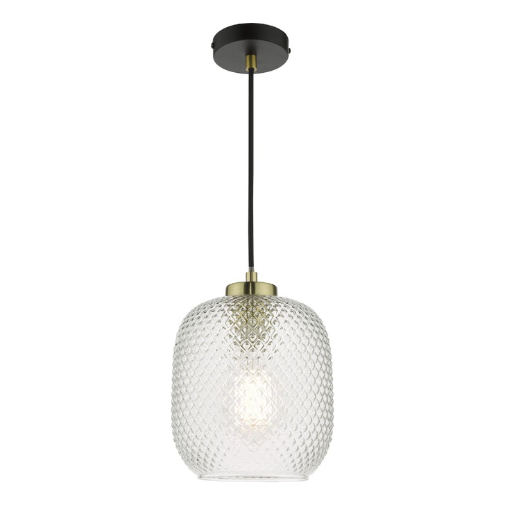 Dar Tehya Single Pendant Light Matt Black With Antique Brass Detailing & Clear Textured Glass Shade