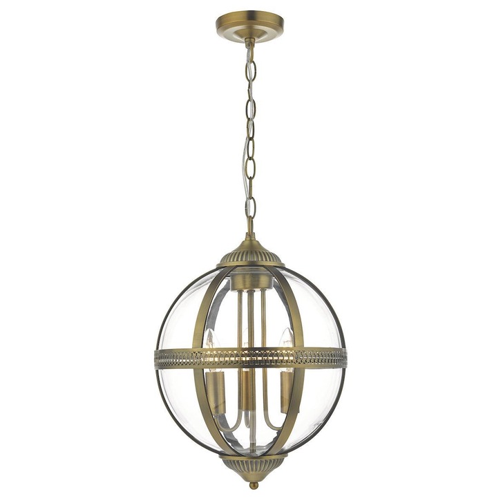 Dar Vanessa VAN0375 3 Light Pendant In Antique Brass And Clear Glass Finish