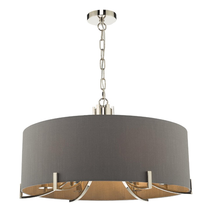 Dar Veyron 6 Light Pendant In Polished Nickel Complete With Grey Shade