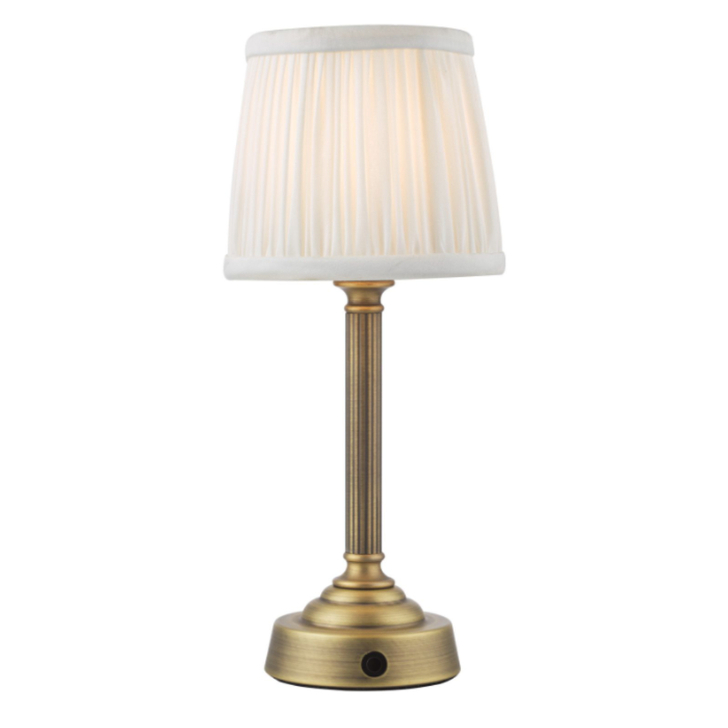 Dar Virgil Wireless USB Rechargeable Table Lamp Matt Antique Brass With White Pleated Shade - Touch Dimmer 2800K Warm White LED