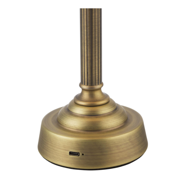 Dar Virgil Wireless USB Rechargeable Table Lamp Matt Antique Brass With White Pleated Shade - Touch Dimmer 2800K Warm White LED