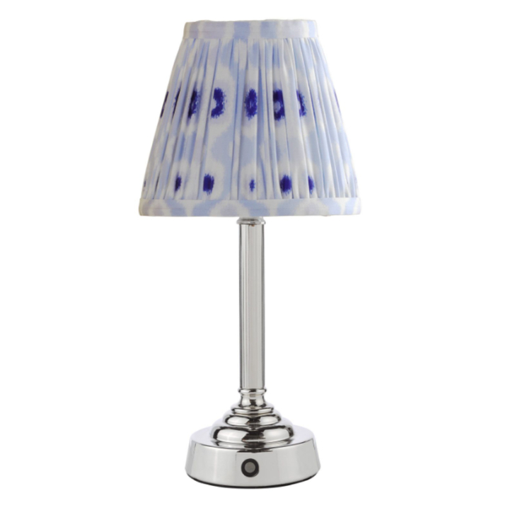 Dar Virgil Wireless USB Rechargeable Table Lamp Polished Nickel With Blue Mix Pattern Shade - Touch Dimmer 2800K Warm White LED