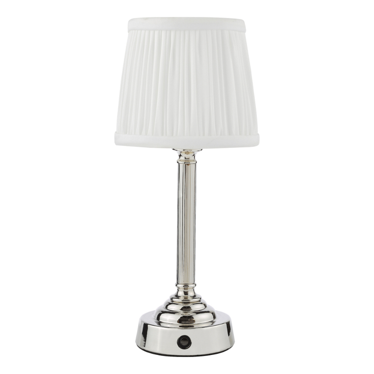Dar Virgil Wireless USB Rechargeable Table Lamp Polished Nickel With White Pleated Shade - Touch Dimmer 2800K Warm White LED