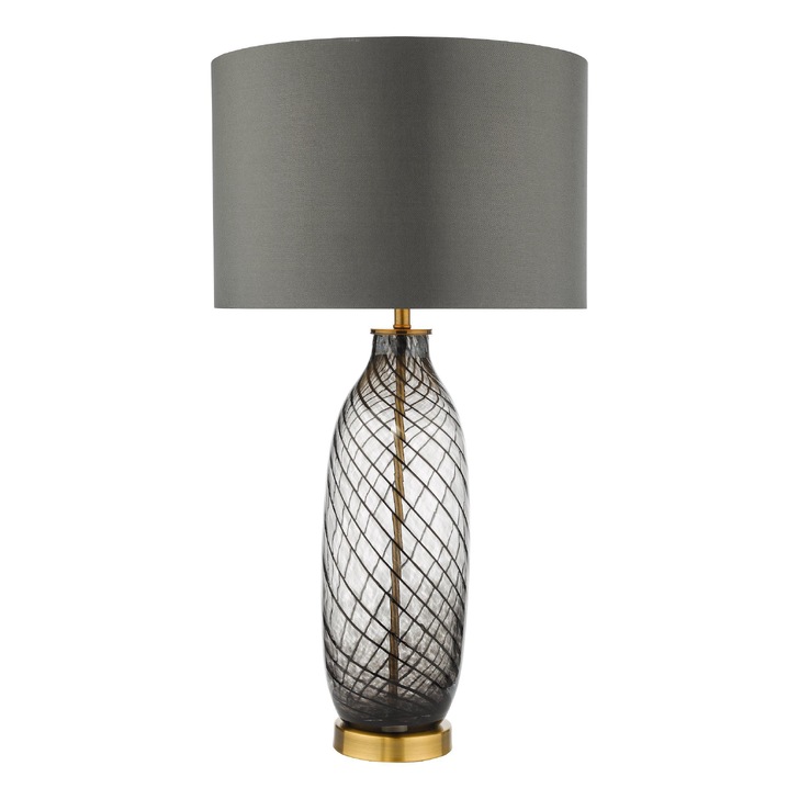 Dar Zeya Smoked Glass/Satin Brass Table Lamp Complete With Grey Faux SIlk Shade