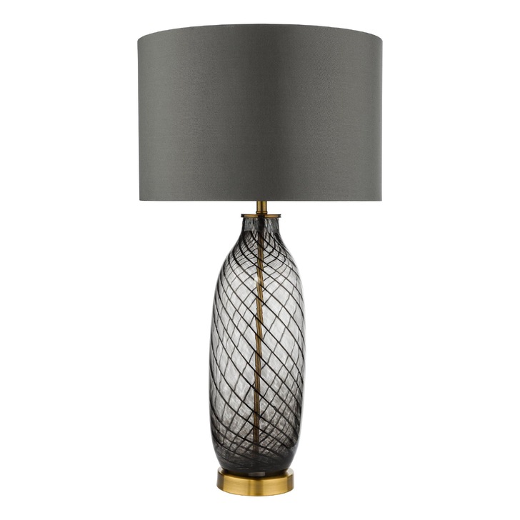 Dar Zeya Smoked Glass/Satin Brass Table Lamp Complete With Grey Faux SIlk Shade