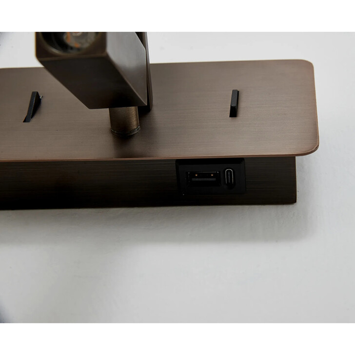 Deco Clara Matt Bronze Wall + Reading Light with USB-C + USB-A Socket: 1 x E27 + 3W LED: 3000K: Individually Switched