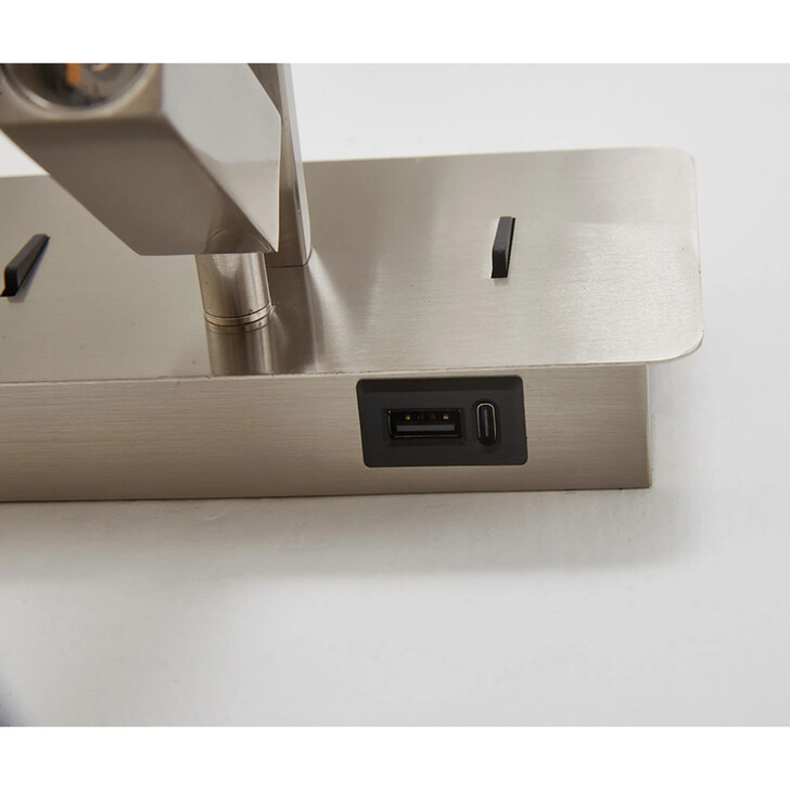 Deco Clara Satin Nickel Wall + Reading Light with USB-C + USB-A Socket: 1 x E27 + 3W LED: 3000K: Individually Switched