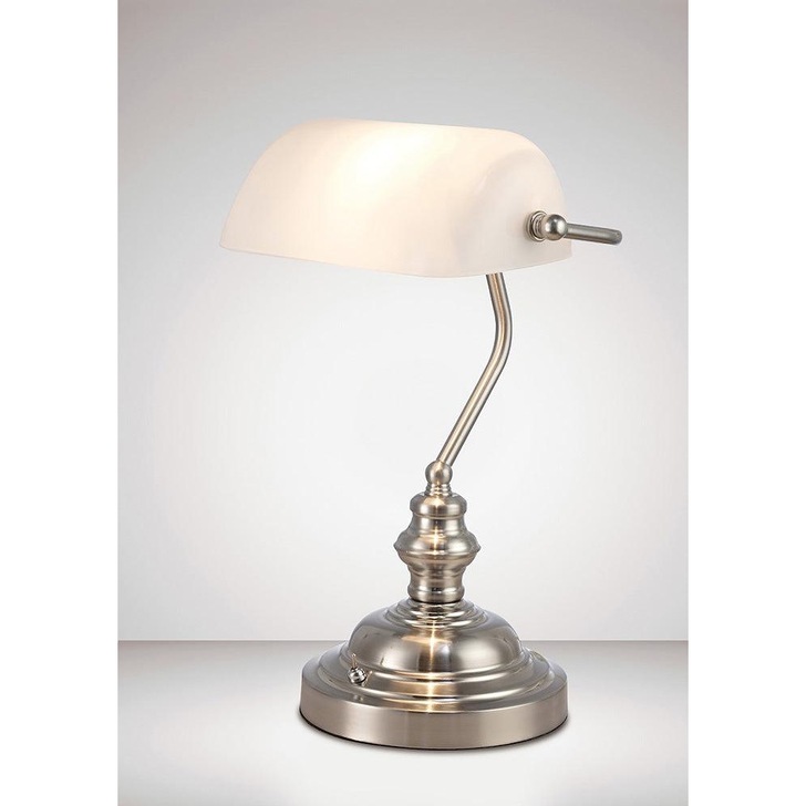 Deco Morgan D0086 Satin Nickel Bankers Table Lamp With White Glass