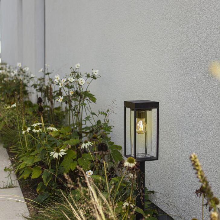 Decorative Solar Powered Bollard Light In Black With Clear Cylindrical Glass & Decorative Light Bulb - 2700K, IP44