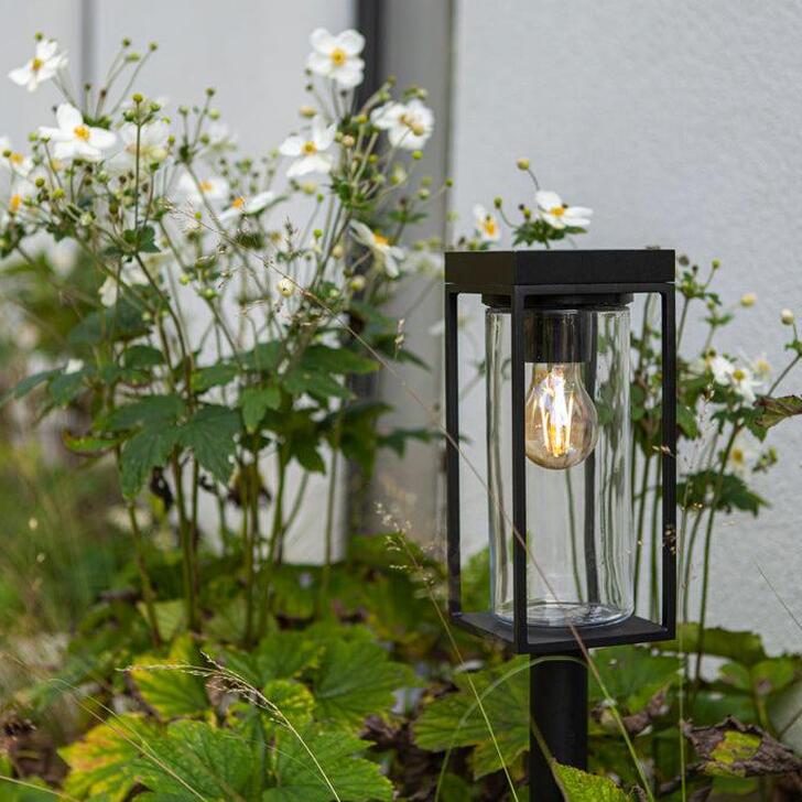 Decorative Solar Powered Bollard Light In Black With Clear Cylindrical Glass & Decorative Light Bulb - 2700K, IP44