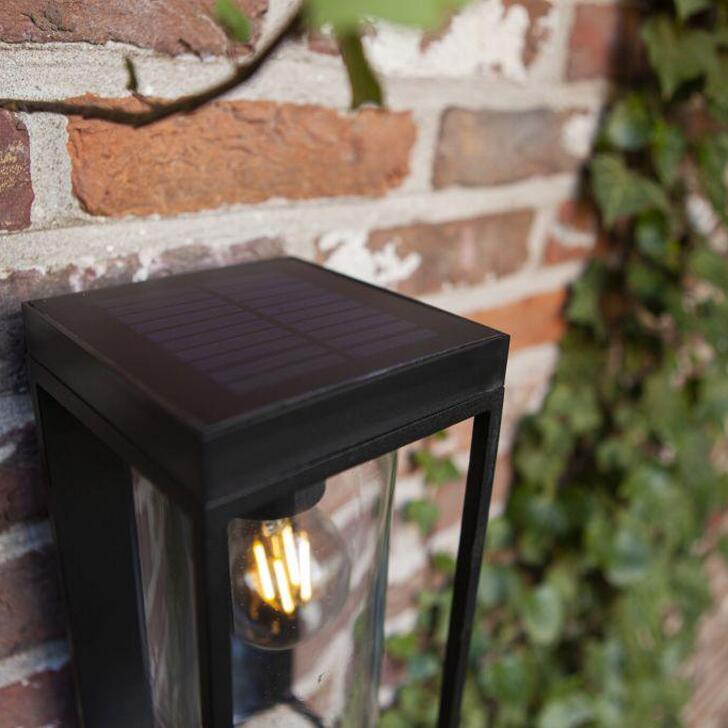 Decorative Solar Powered Exterior Wall Light In Black With Clear Cylindrical Glass & Decorative Light Bulb - 2700K, IP44