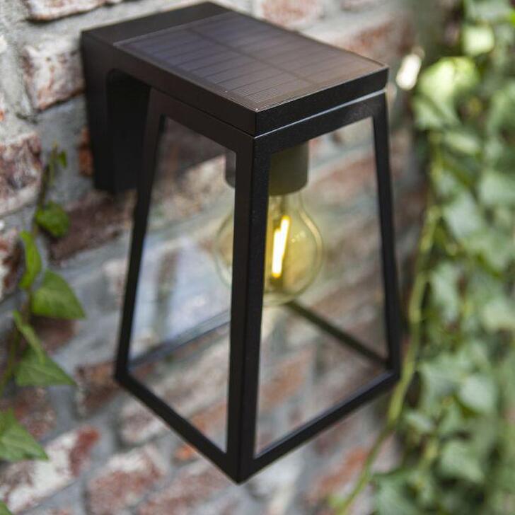 Decorative Solar Powered Exterior Wall Light In Black With Clear Glass Panels & Decorative Light Bulb - 2700K, IP44