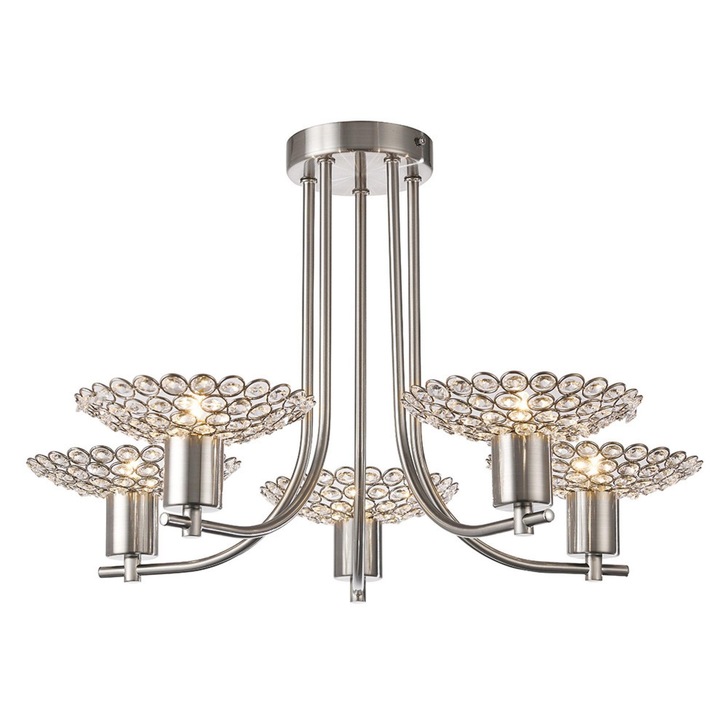 Diyas Ellen IL20607 Satin Nickel 5 Light Semi Flush Crystal Ceiling Light