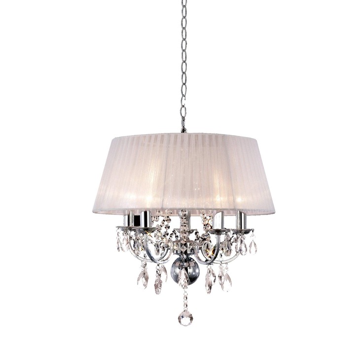 Diyas Olivia IL30046 Polished Chrome 5 Light Crystal Pendant Complete With White Shade