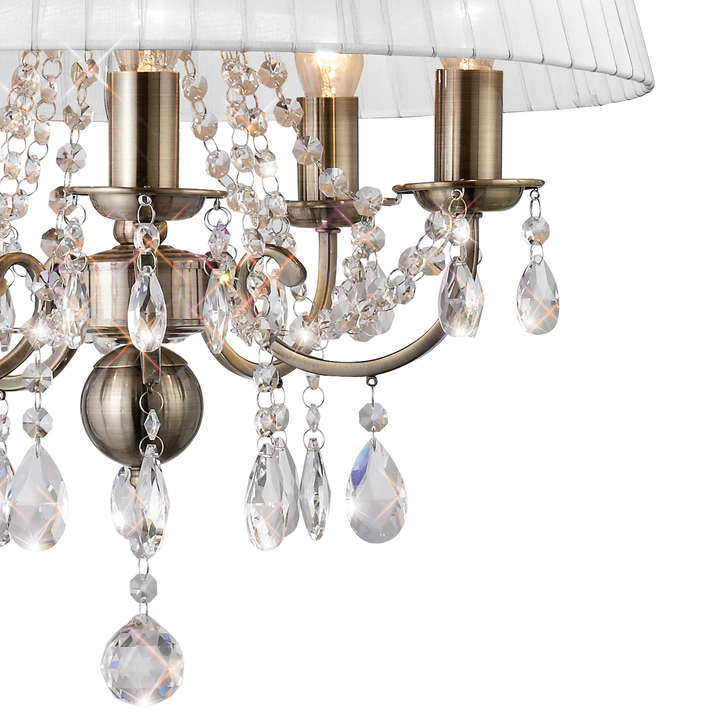 Diyas Olivia IL30047/WH Antique Brass 5 Light Crystal Pendant Complete With White Shade