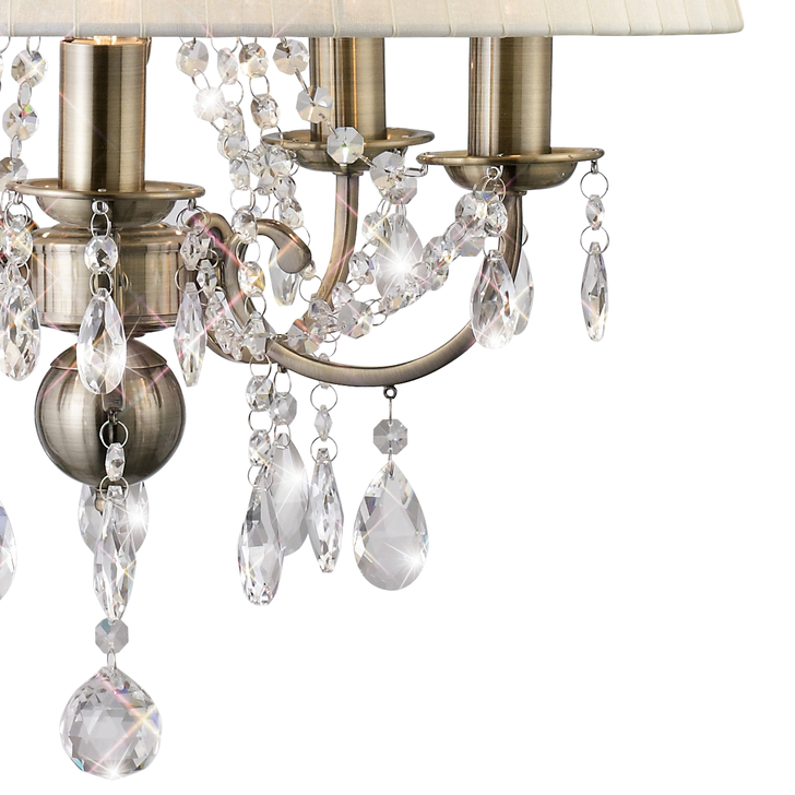 Diyas Olivia IL30048 Antique Brass 5 Light Crystal Pendant Complete With Ivory Cream Shade