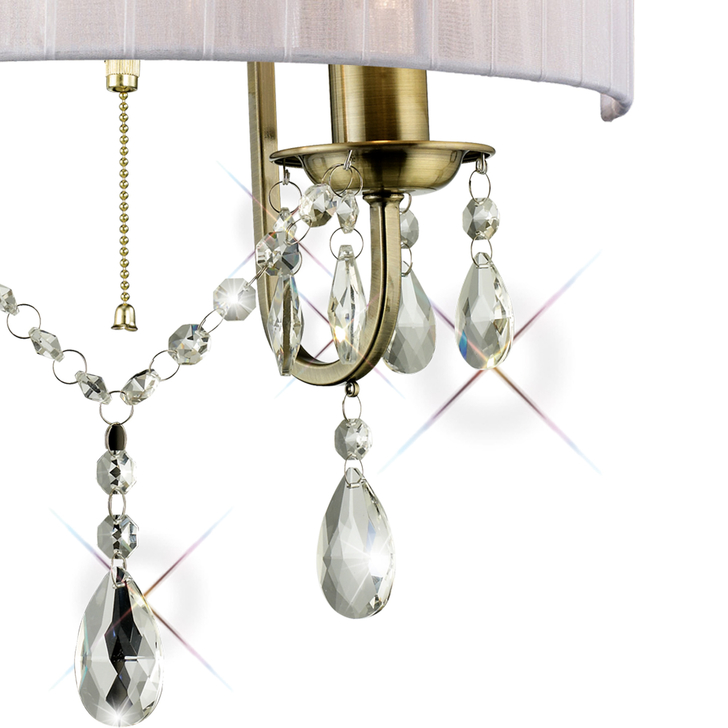 Diyas Olivia IL30064/WH Antique Brass 2 Light Crystal Wall Light Complete With White Shade