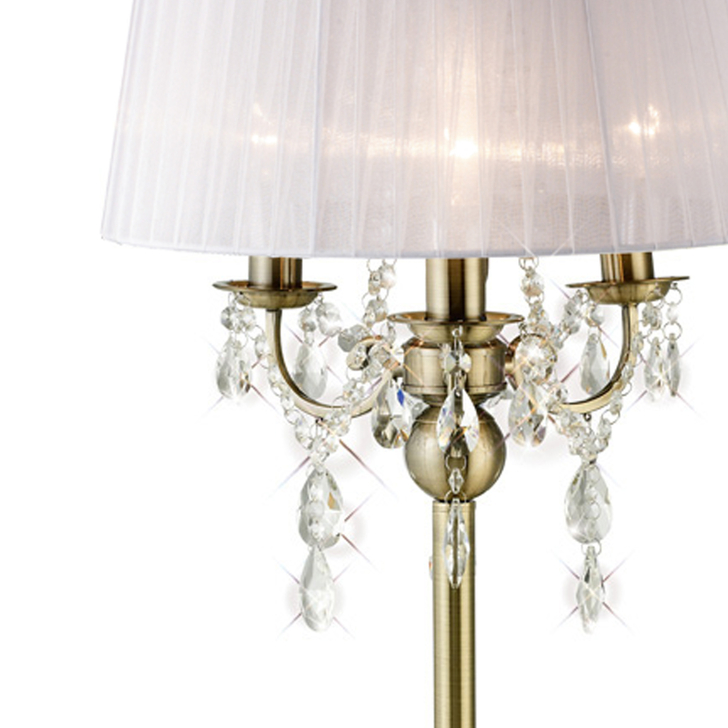 Diyas Olivia IL30065/WH Antique Brass 3 Light Crystal Table Lamp Complete With White Shade