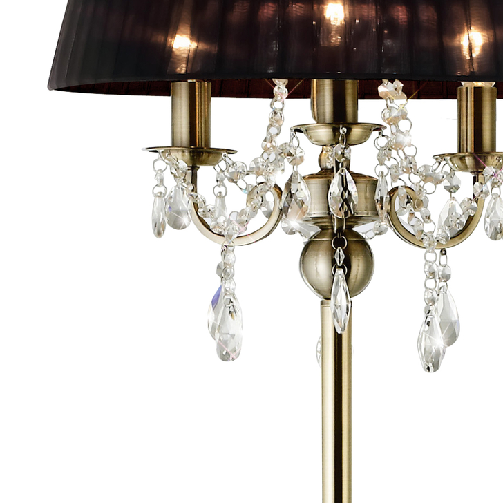 Diyas Olivia IL30066/BL Antique Brass 3 Light Crystal Floor Lamp Complete With Black Shade