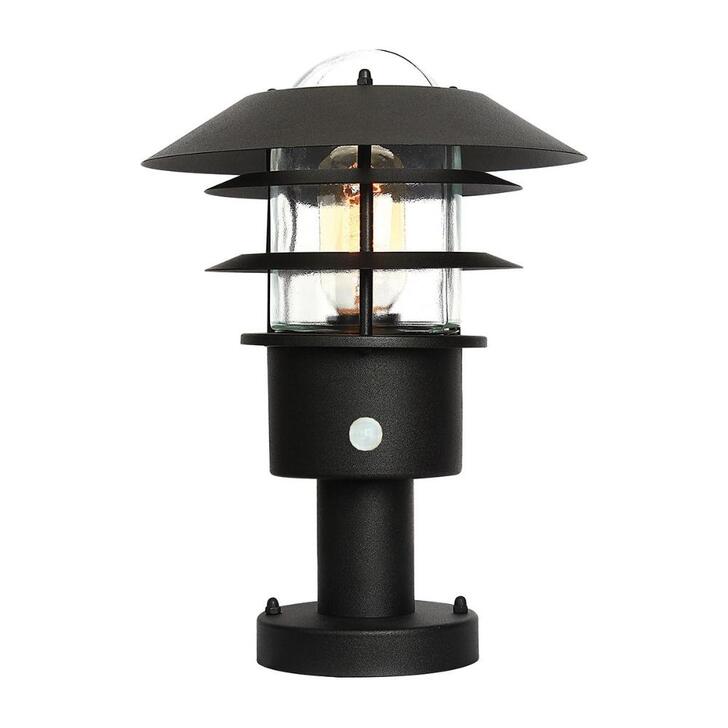Elstead Helsingor Black Outdoor Pedestal Light With Pir Sensor And Clear Glass - IP44 - Coastal Suitable
